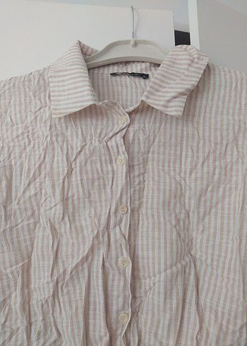 Bej Kısa Kollu Keten Mini Gömlek - Görsel 2