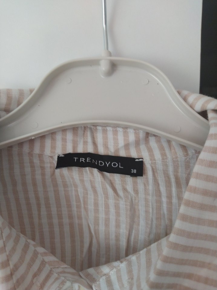 Bej Kısa Kollu Keten Mini Gömlek - Görsel 5