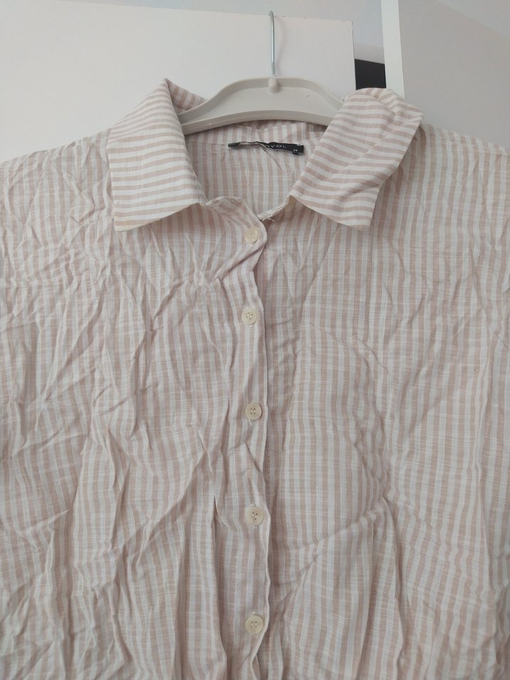 Bej Kısa Kollu Keten Mini Gömlek - Görsel 2