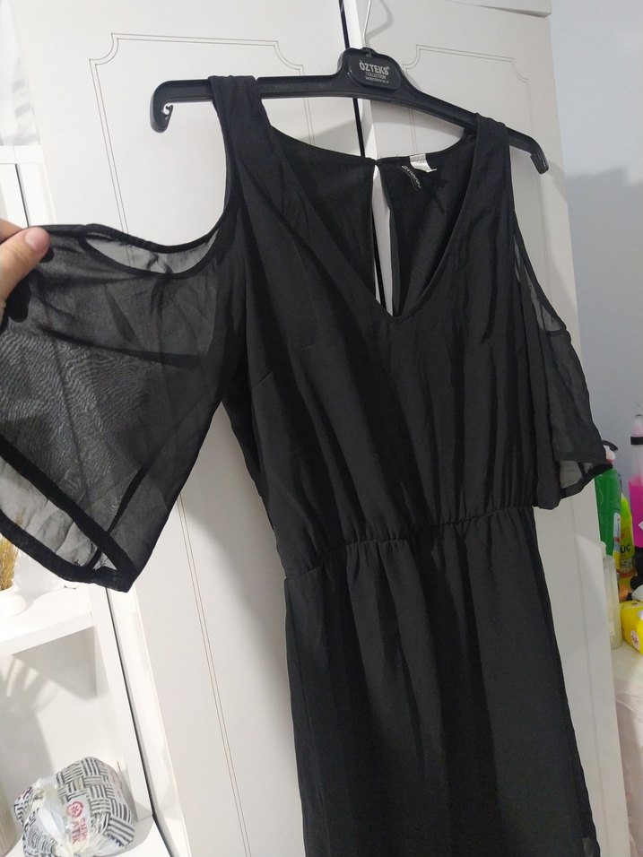 Siyah V Yaka Midi Kolsuz Elbise - Görsel 5