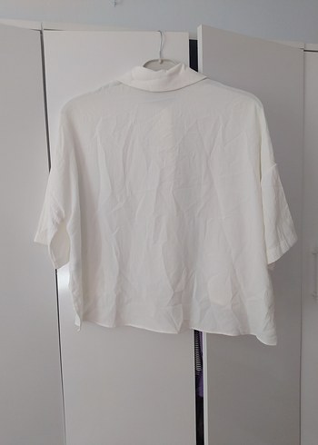 Düğmeli Beyaz Keten Kısa Kollu Gömlek - Görsel 5