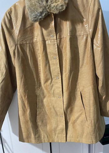 Kürk Detaylı Bej deri Kadın Ceket - Görsel 2