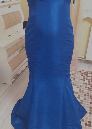 Mavi Drapeli Straplez Midi Abiye Elbise - Görsel 2