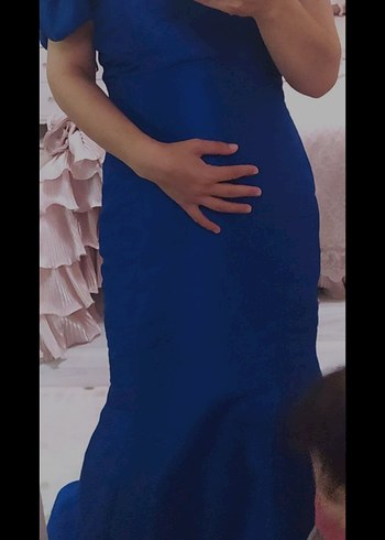 Mavi Drapeli Straplez Midi Abiye Elbise - Görsel 3