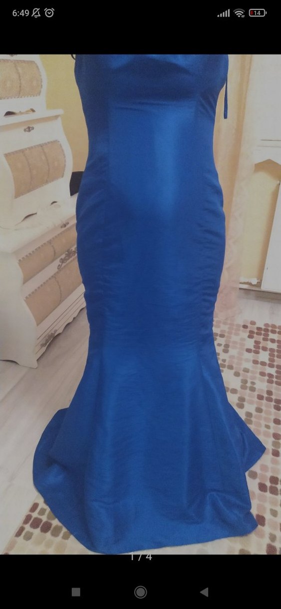 Mavi Drapeli Straplez Midi Abiye Elbise - Görsel 2