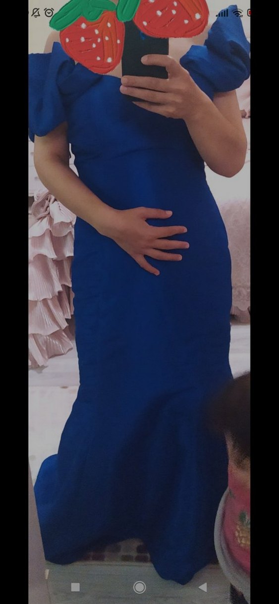 Mavi Drapeli Straplez Midi Abiye Elbise - Görsel 3