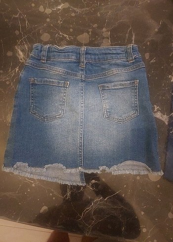 Diğer Mavi Nakışlı Kemerli Mini Kot Etek