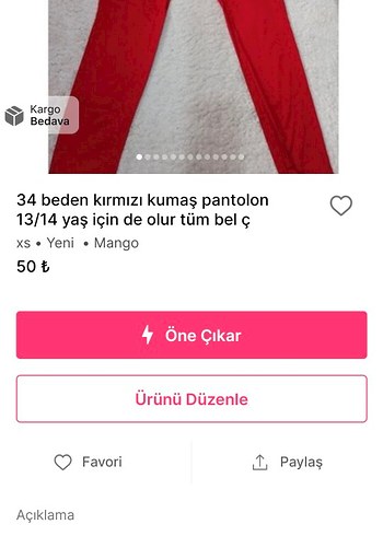 34 beden  Kırmızı Normal Paça Kumaş Pantolon - Görsel 5
