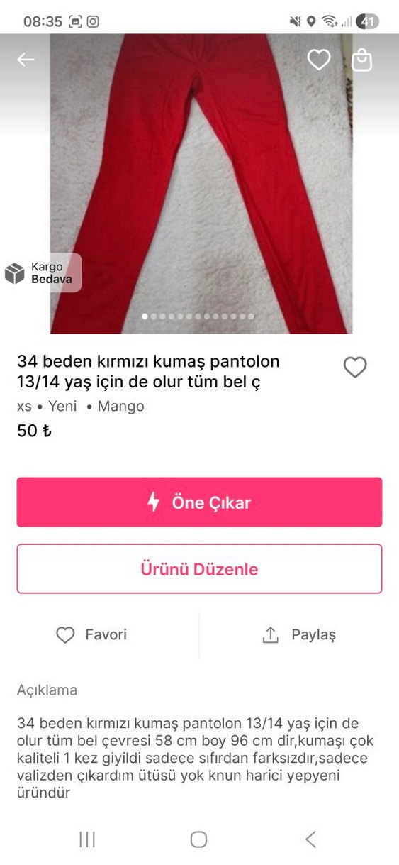 34 beden  Kırmızı Normal Paça Kumaş Pantolon - Görsel 5