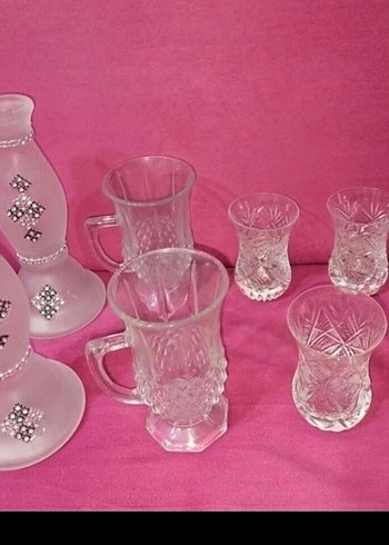 Pembe Desenli Cam MUMLUK ve Bardak Seti - Görsel 7
