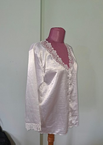 Beyaz Vintage Parlak Dantel Detaylı Uzun Kollu Gecelik - Görsel 8