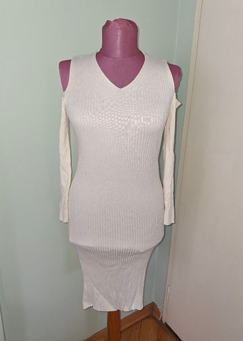 Beyaz Straplez Triko Uzun Elbise - Görsel 2