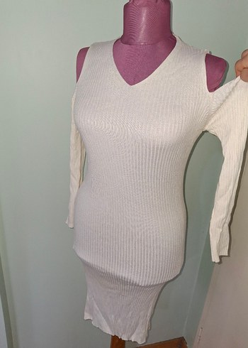 Beyaz Straplez Triko Uzun Elbise - Görsel 3