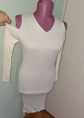 Beyaz Straplez Triko Uzun Elbise - Görsel 6