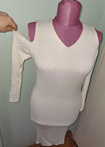 Beyaz Straplez Triko Uzun Elbise - Görsel 7