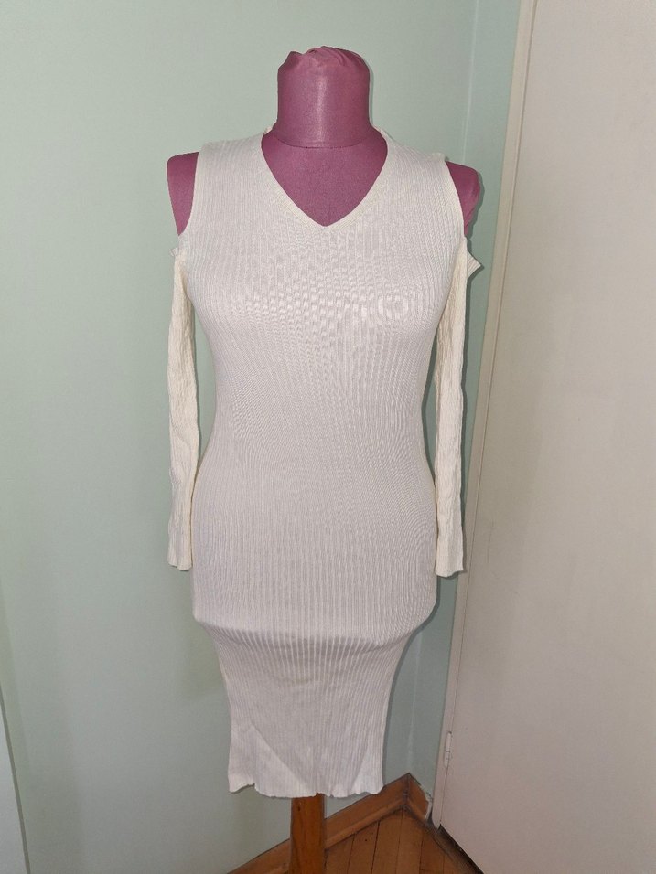 Beyaz Straplez Triko Uzun Elbise - Görsel 2