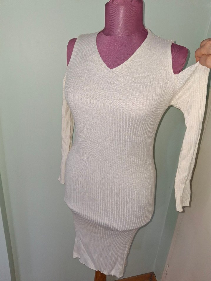 Beyaz Straplez Triko Uzun Elbise - Görsel 3