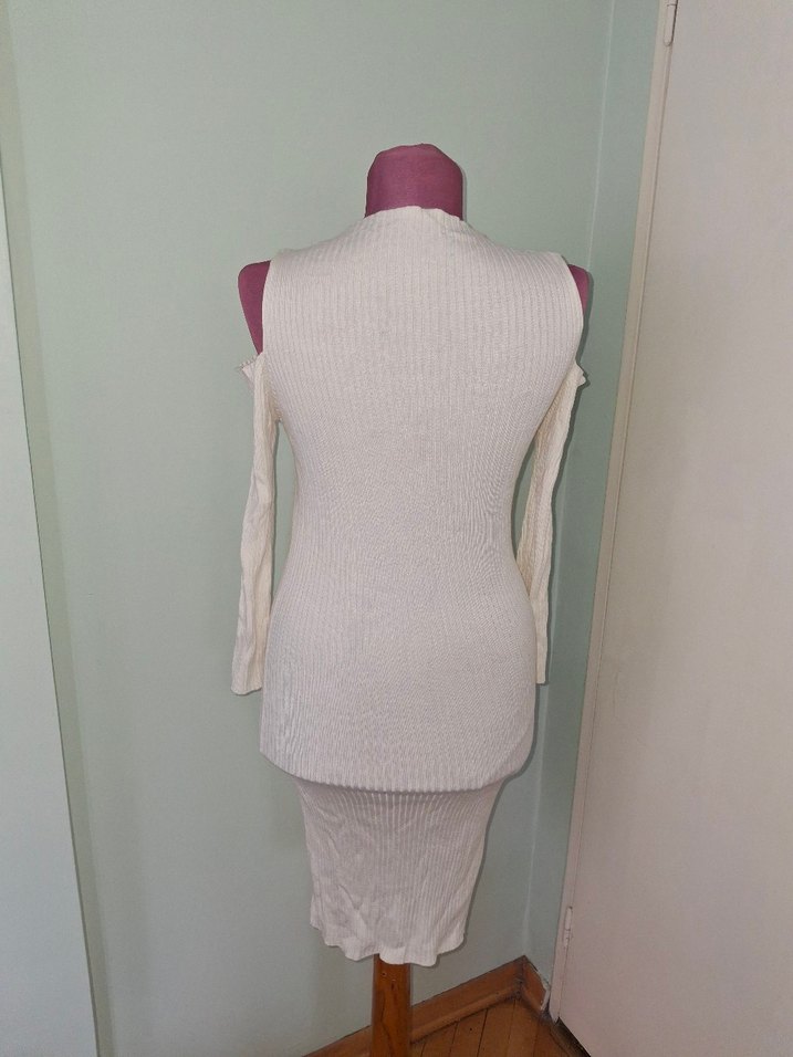 Beyaz Straplez Triko Uzun Elbise - Görsel 4