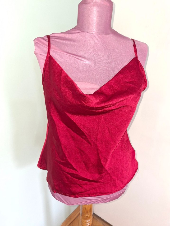 Bordo Saten Drapeli İnce Askılı Bluz - Görsel 2