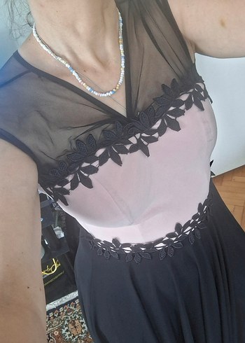 Dantel Detaylı Pembe Siyah Uzun Abiye Elbise - Görsel 11