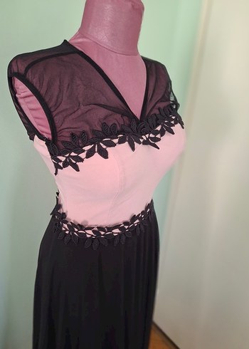 Dantel Detaylı Pembe Siyah Uzun Abiye Elbise - Görsel 7