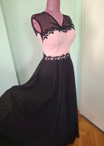 Dantel Detaylı Pembe Siyah Uzun Abiye Elbise - Görsel 8