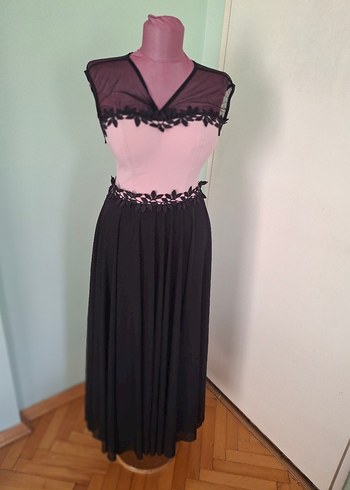 Dantel Detaylı Pembe Siyah Uzun Abiye Elbise - Görsel 5