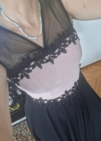 Dantel Detaylı Pembe Siyah Uzun Abiye Elbise - Görsel 10