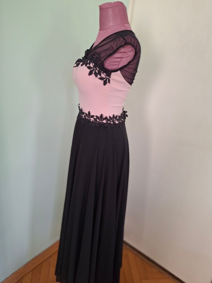 Dantel Detaylı Pembe Siyah Uzun Abiye Elbise - Görsel 2