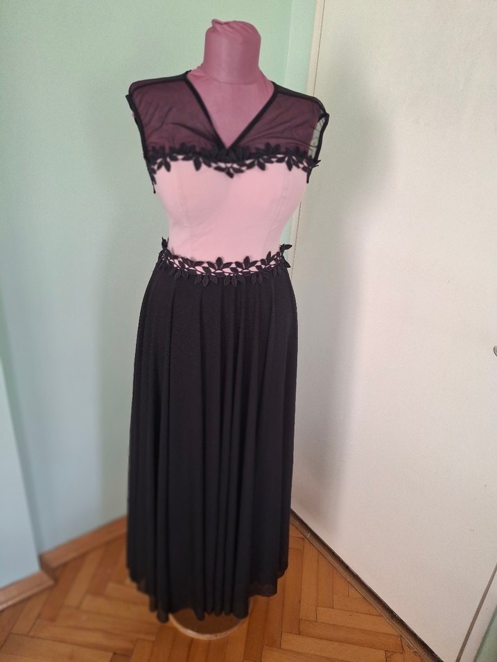 Dantel Detaylı Pembe Siyah Uzun Abiye Elbise - Görsel 5