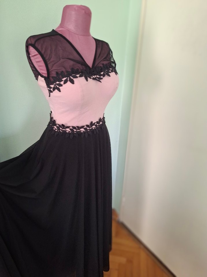 Dantel Detaylı Pembe Siyah Uzun Abiye Elbise - Görsel 3