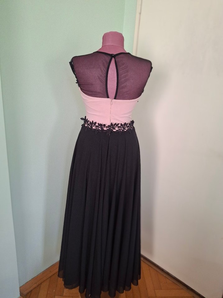 Dantel Detaylı Pembe Siyah Uzun Abiye Elbise - Görsel 4