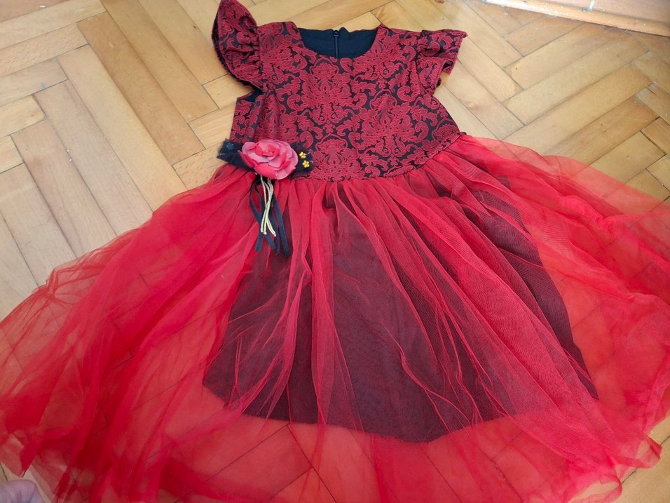 Kız Çocuk Kırmızı Dantel Desenli Elbise - Görsel 3