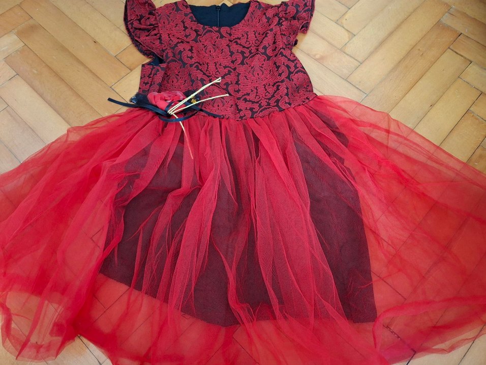 Kız Çocuk Kırmızı Dantel Desenli Elbise - Görsel 5