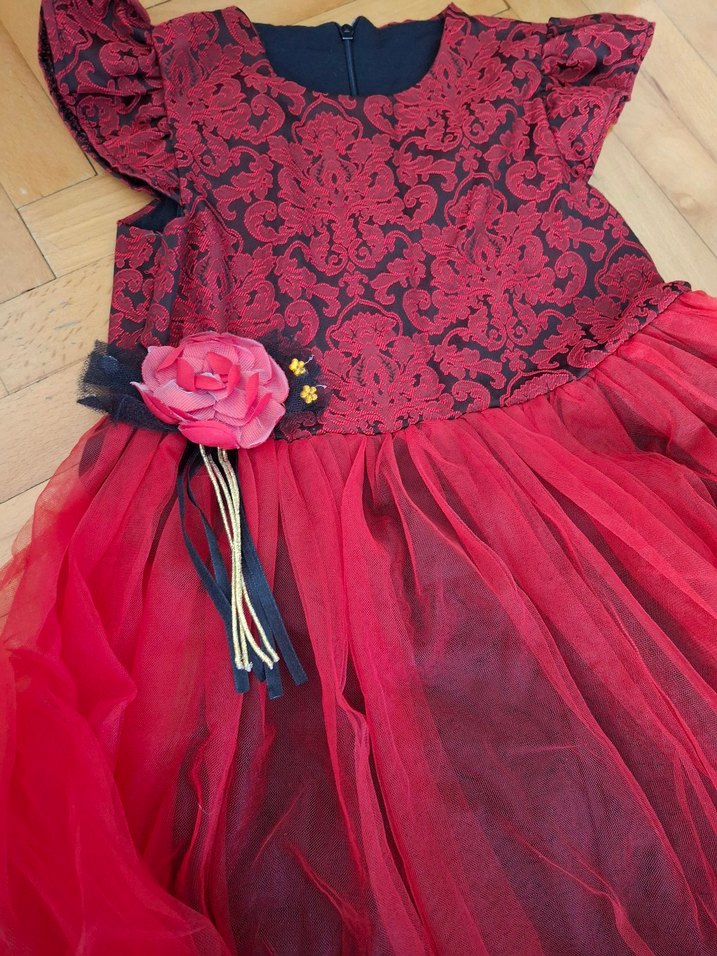 Kız Çocuk Kırmızı Dantel Desenli Elbise - Görsel 4