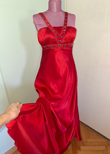 Uzun Parlak Kırmızı Straplez Abiye Elbise - Görsel 6