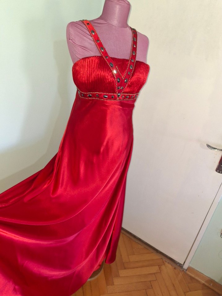 Uzun Parlak Kırmızı Straplez Abiye Elbise - Görsel 2