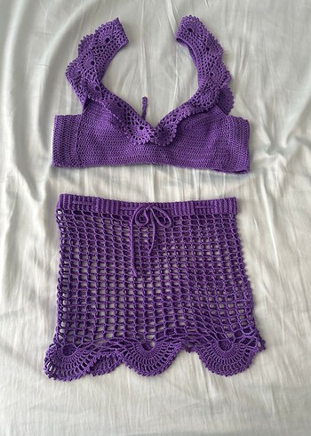 Mor Bohem tasarım dantelli Midi Büstiyer Bikini plaj eteği takım - Görsel 2