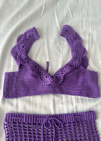 Mor Bohem tasarım dantelli Midi Büstiyer Bikini plaj eteği takım - Görsel 13