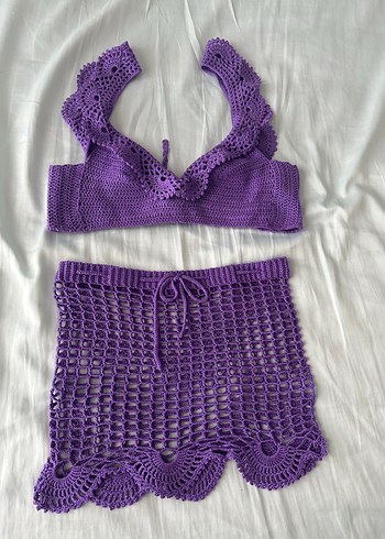 Mor Bohem tasarım dantelli Midi Büstiyer Bikini plaj eteği takım - Görsel 11