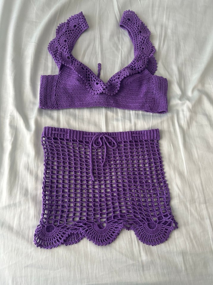 Mor Bohem tasarım dantelli Midi Büstiyer Bikini plaj eteği takım - Görsel 2