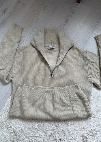 Bej Yarım Fermuarlı Yüksek Yakalı Triko Kazak - Görsel 3