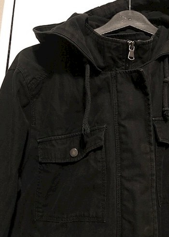 H&M Siyah Kadın Denim Ceket Kapüşonlu Fermuarlı Ceket