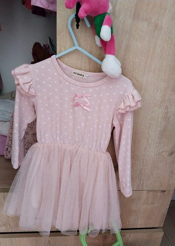 Pembe Uzun Kollu Kız Çocuk Elbisesi