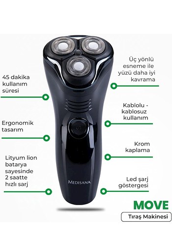  Beden Medisana MD-7803 Move Çift Yönlü Kablolu Kablosuz Tıraş Makinesi