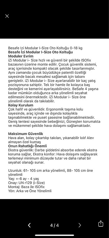 9- 18 kg Beden siyah Renk Be safe isofiksli oto koltuğu