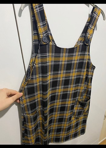 Kadın Sarı Kareli Askılı Midi Elbise - Görsel 2