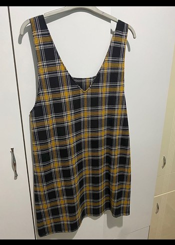 Kadın Sarı Kareli Askılı Midi Elbise - Görsel 3