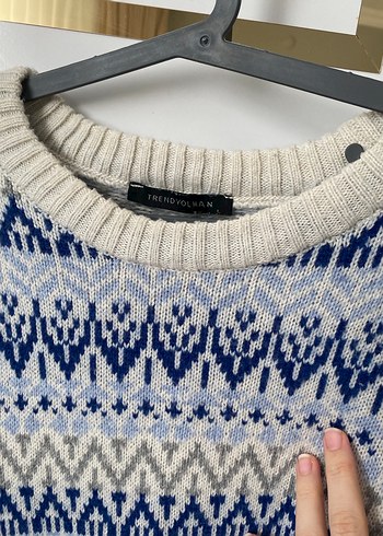 Bohem Tarz Mavi Örgü Kadın Kazak - Görsel 3