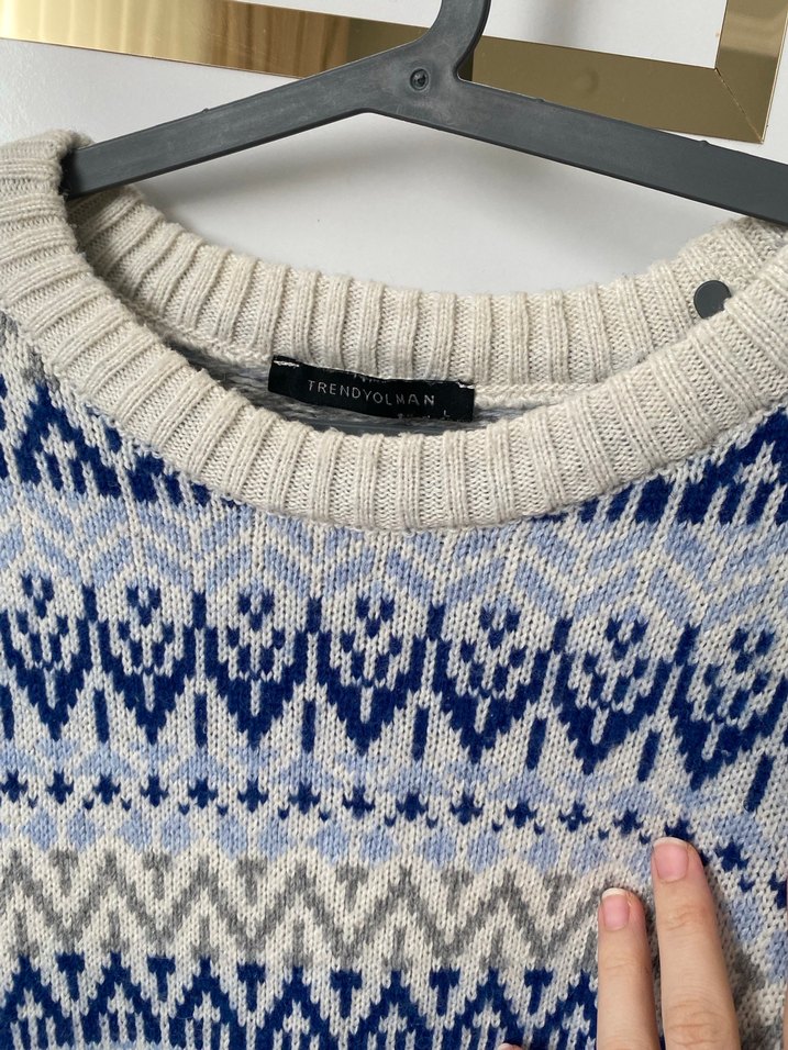 Bohem Tarz Mavi Örgü Kadın Kazak - Görsel 3